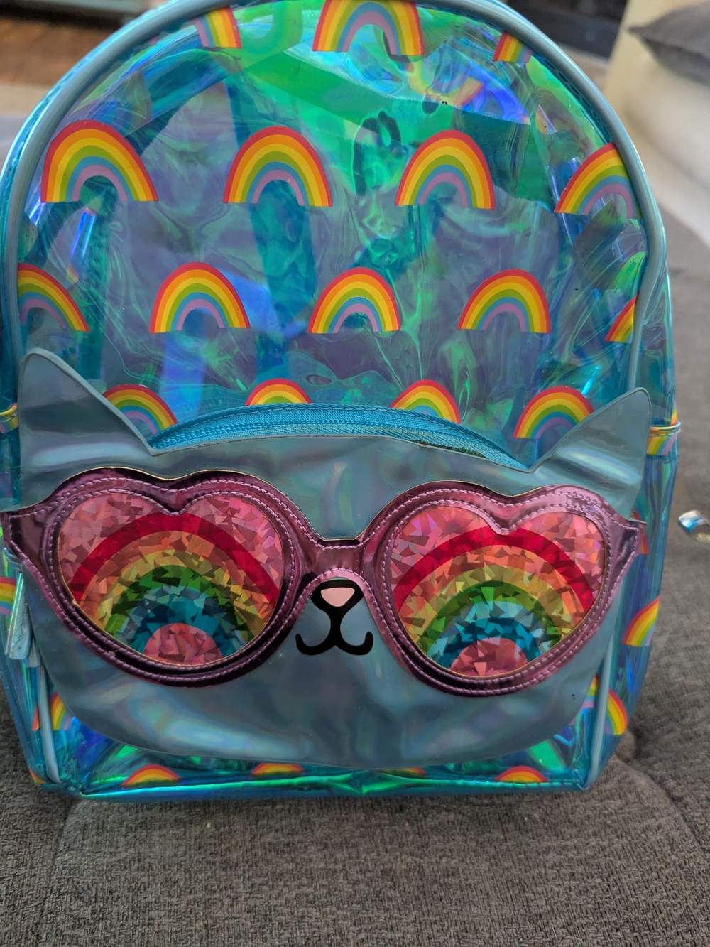 Kids Holographic Blue Rainbow Cat Backpack with Sunglasses Detail